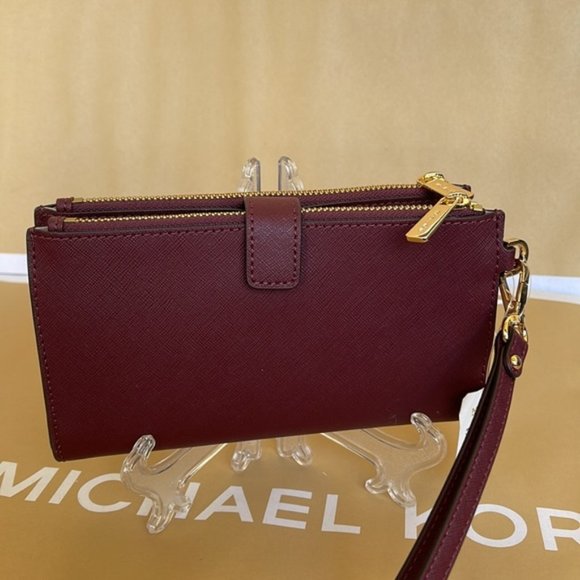 Michael Kors Jet Set Travel Large Double Zip Wristlet Wallet Dark Cherry Leather - Picture 6 of 16